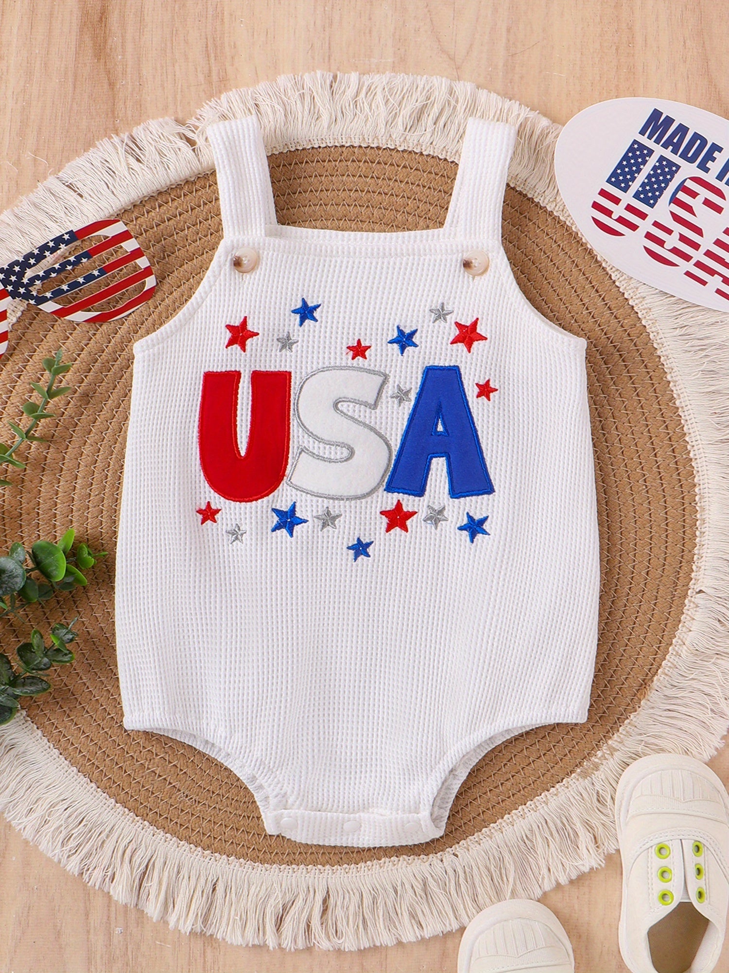 Baby Waffle Stars & Stripes Embroidery Sleeveless Romper Jumpsuit