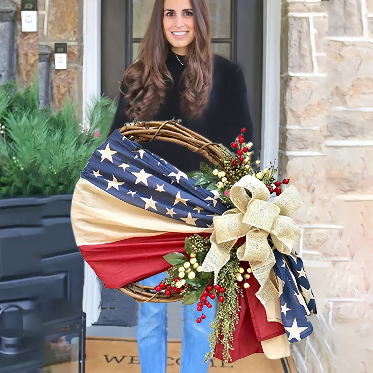 Patriotic Door Wreath - Red White Blue Flag Burlap Bow Greenery Stars