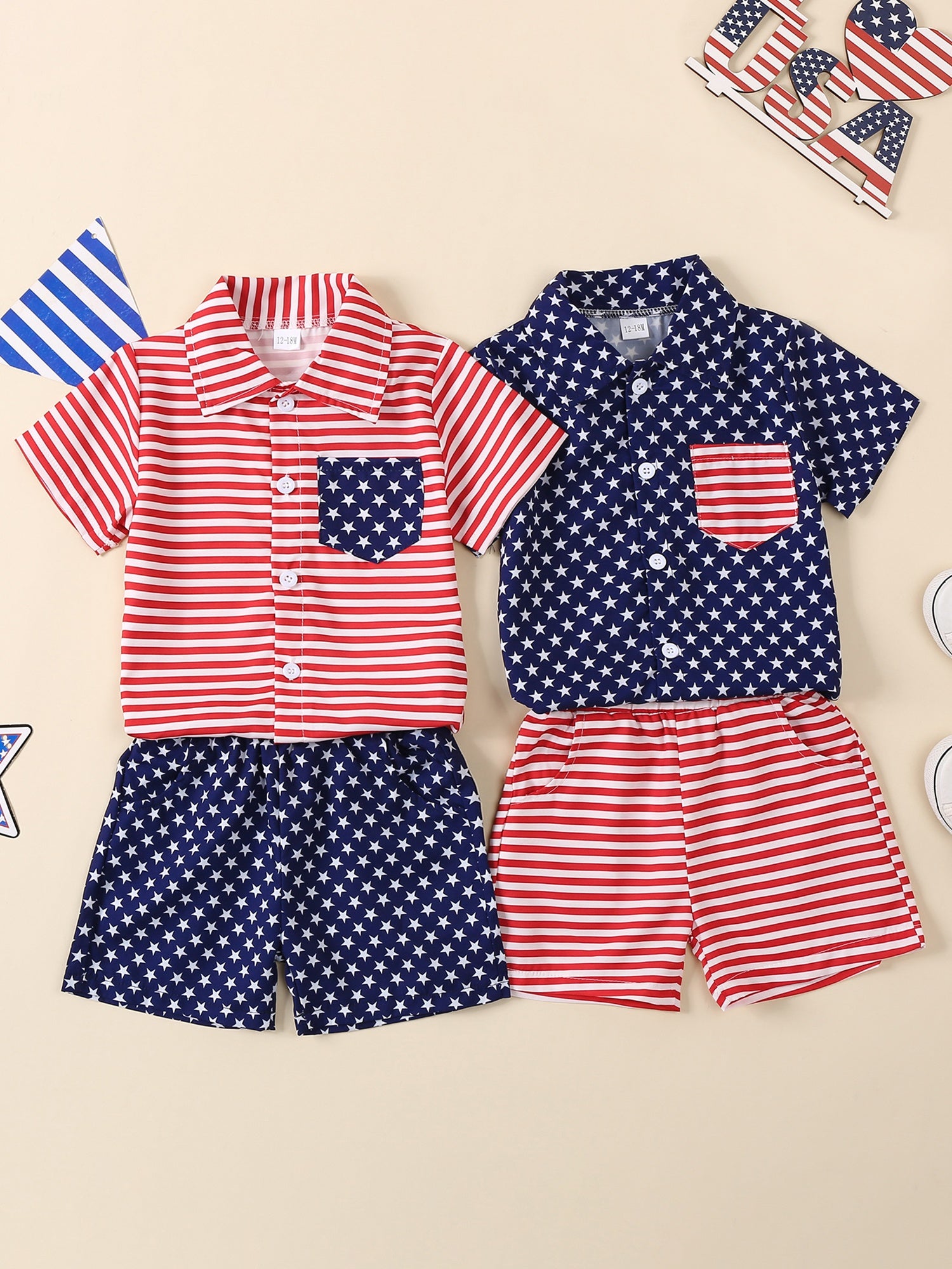 Toddler Boy Star Print Tops & Striped Shorts 2pcs Summer Set
