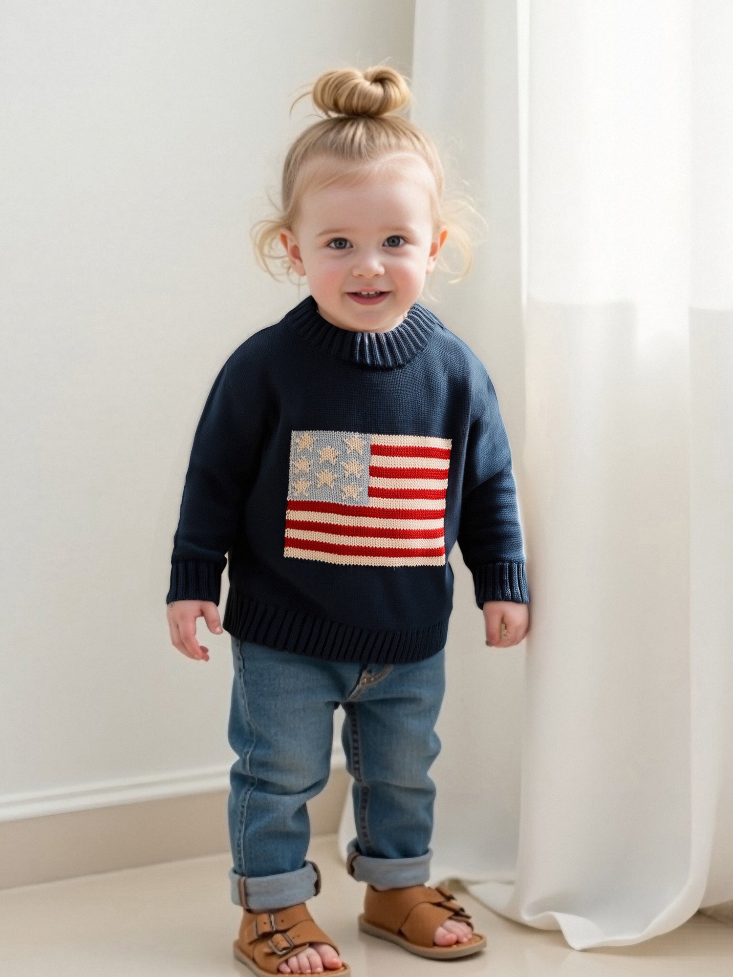 Kids USA Flag Pattern Long Sleeve Knit Pullover Sweater - Unisex