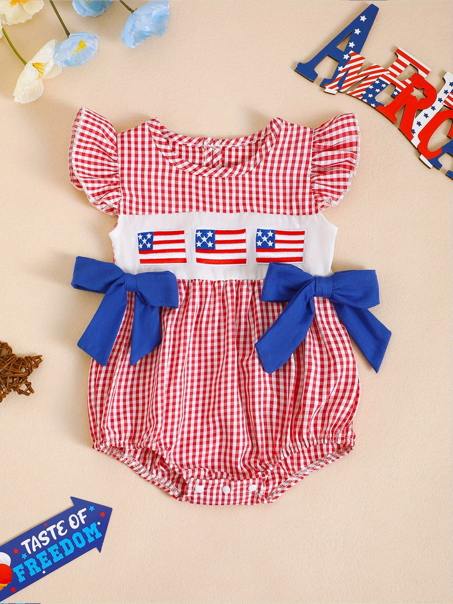 Patriotic Baby Romper - Plaid Ruffles Red White Blue