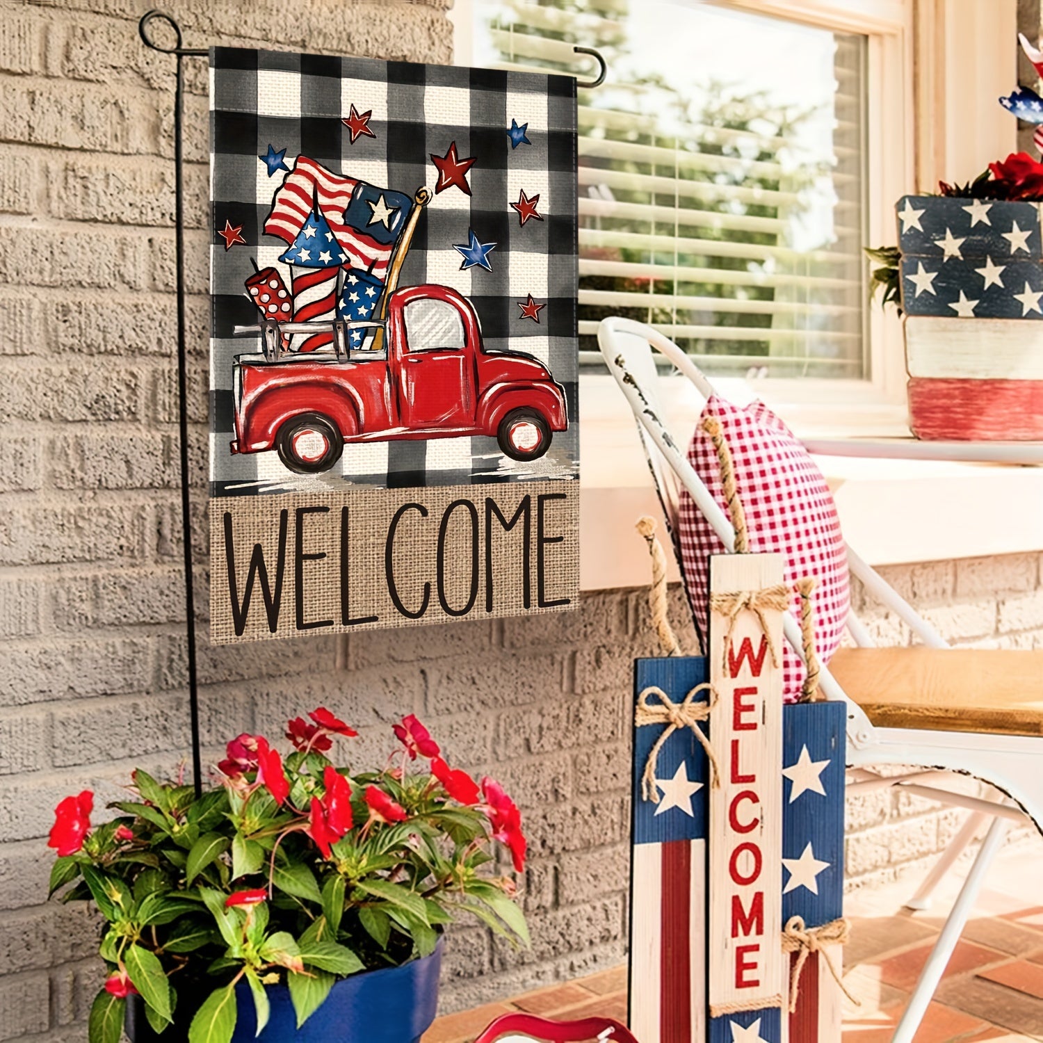 Buffalo Plaid Truck Patriotic Garden Flag - 12x18in Double Sided