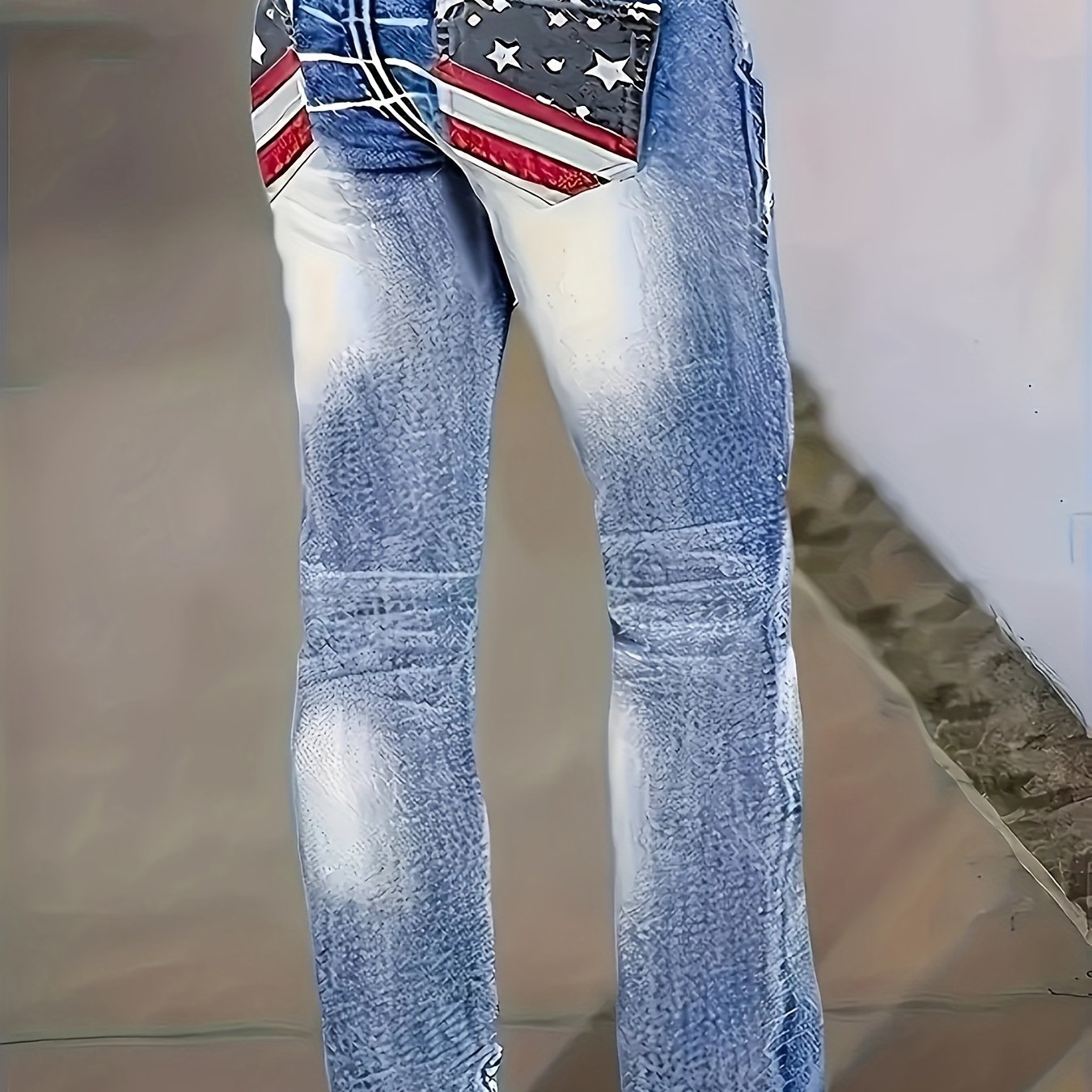 Plus Size American Flag Patch Pocket Distressed Denim Pants Women