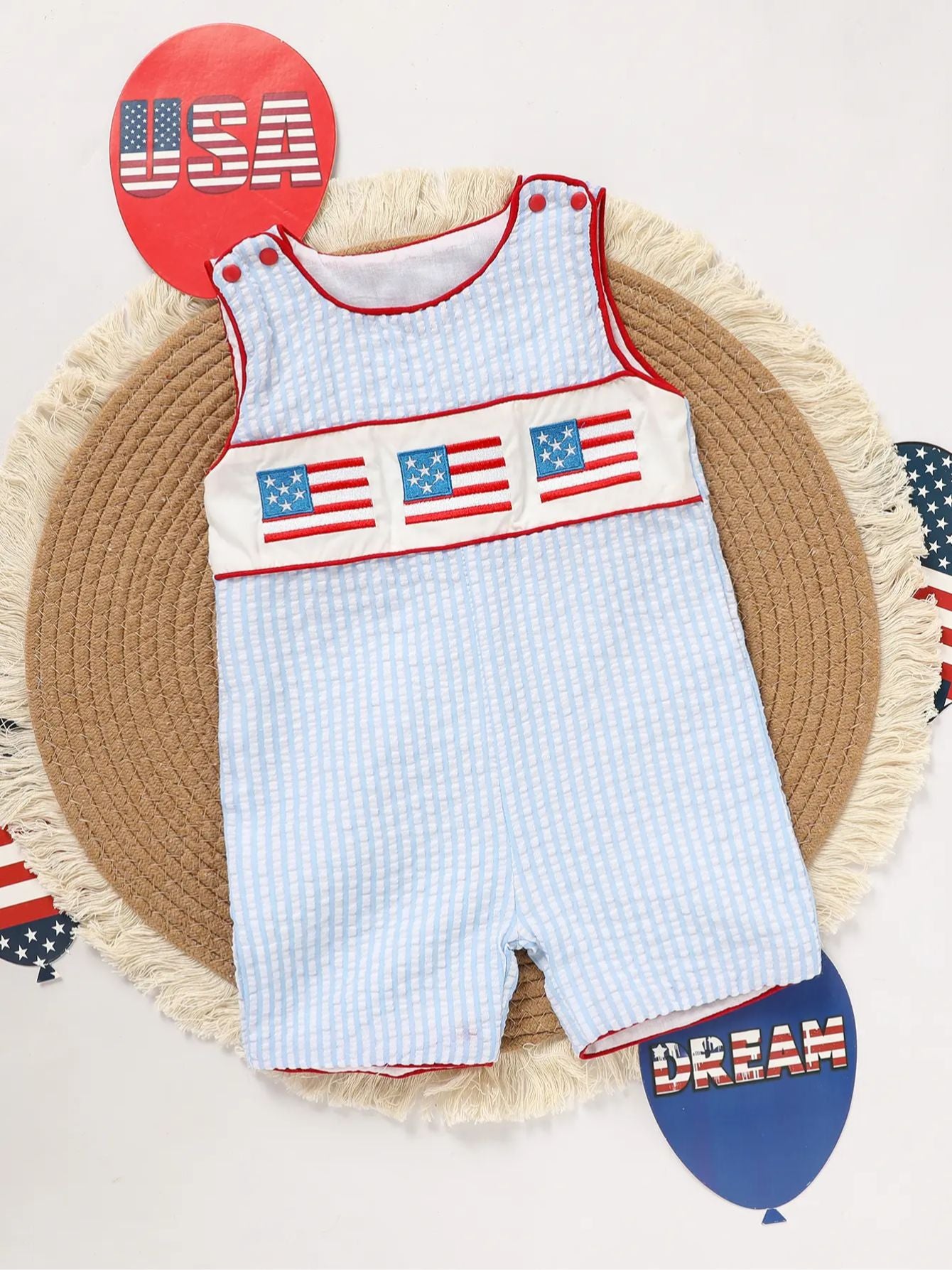 Boys American Flag Smocked Sleeveless Romper Jumpsuit - Summer Outdoor