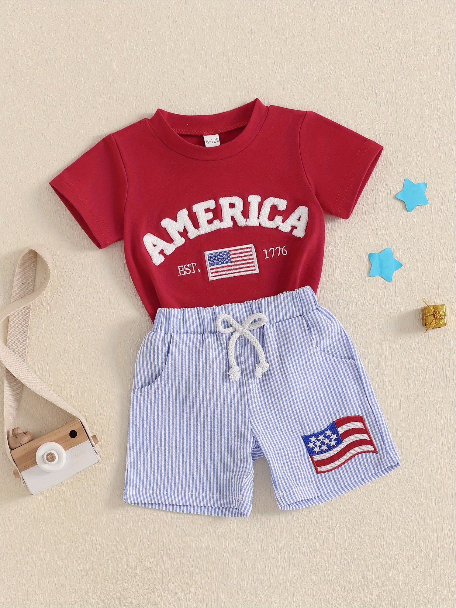 Toddler Boy Letter Embroidery Tee & Stripe Shorts 2pcs Set