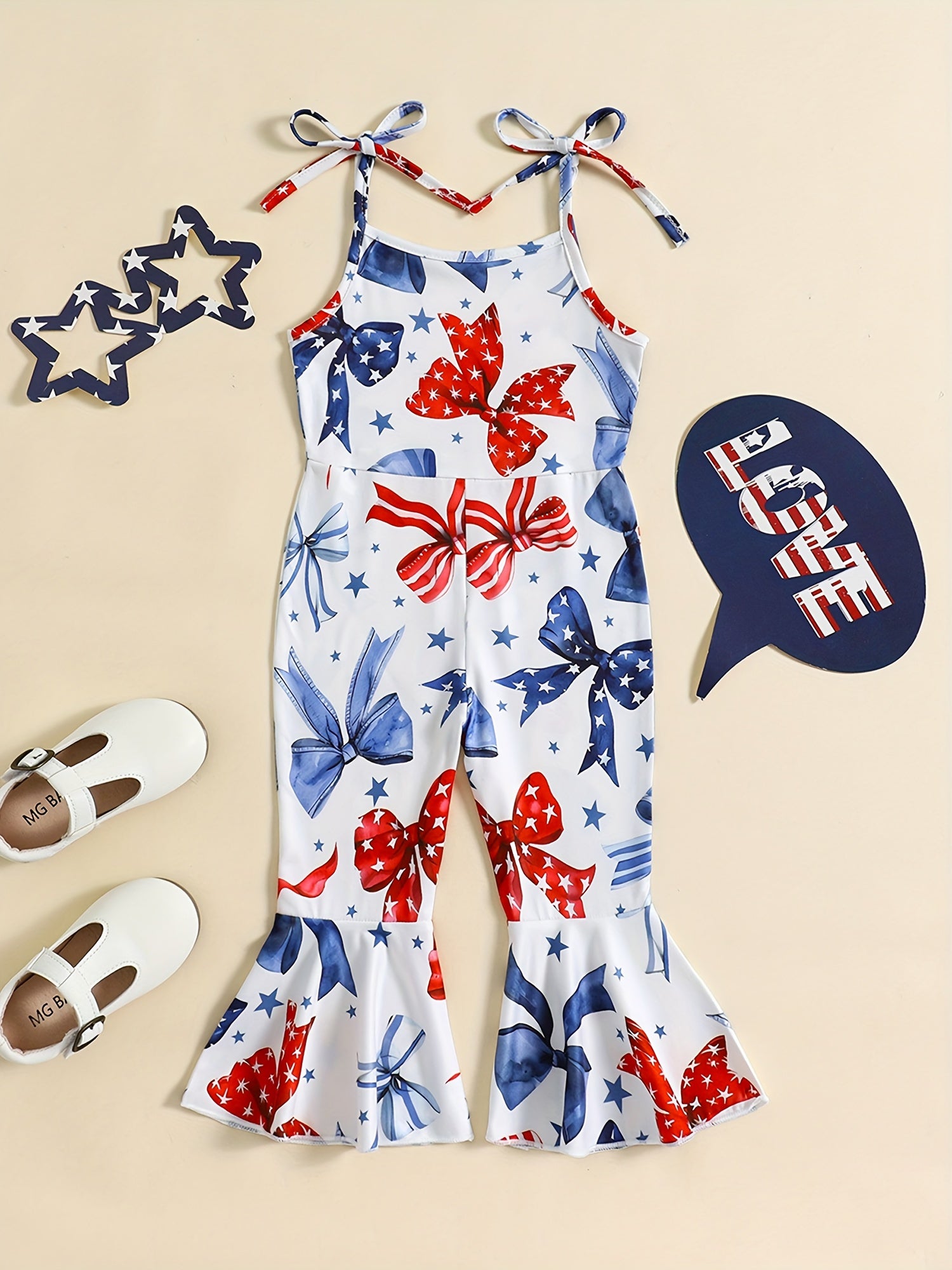 Patriotic Baby Romper - Red White Blue Bow Print Jumpsuit