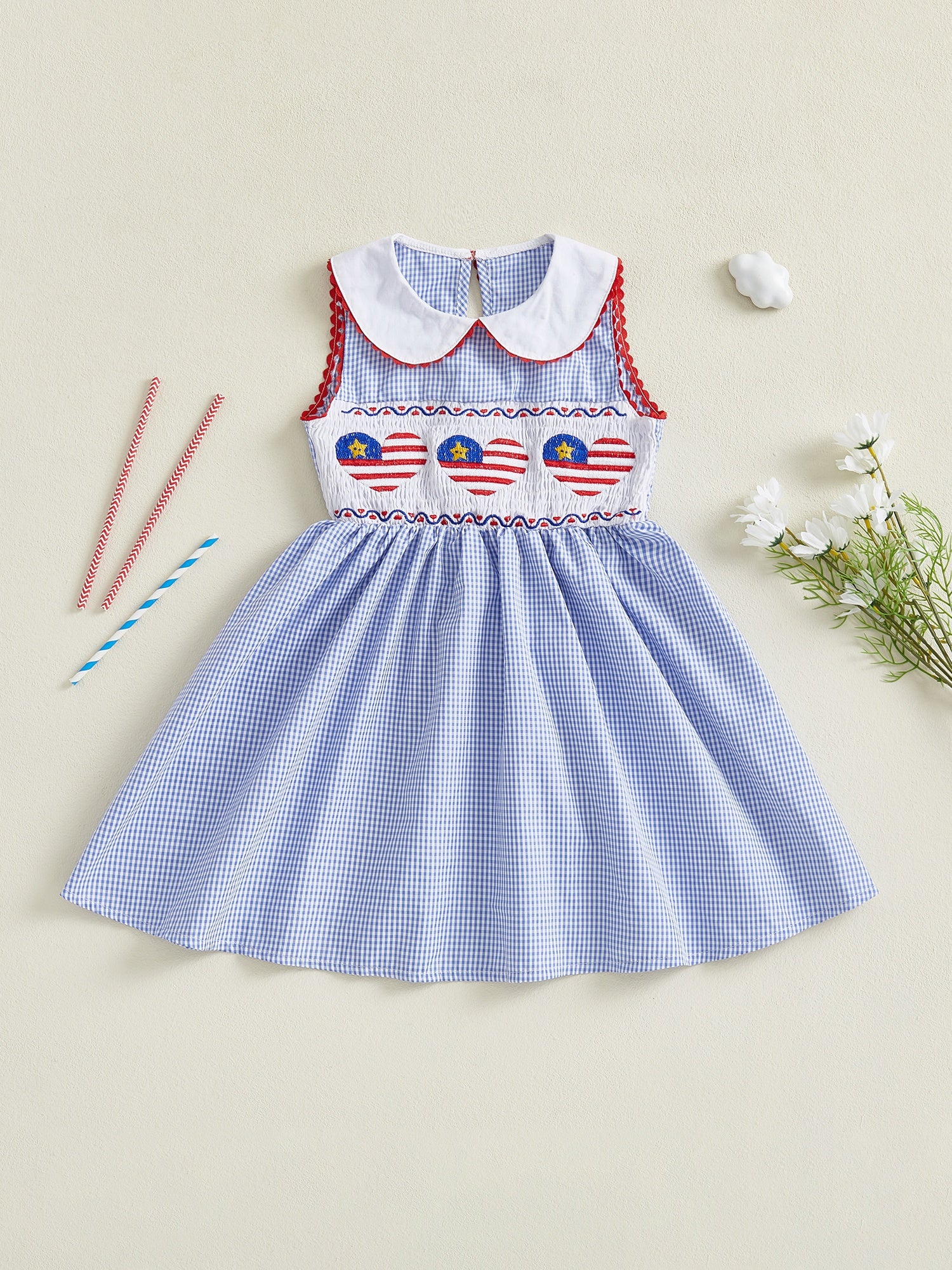 Girls Plaid A-Line Dress - Light Blue Patriotic Fun