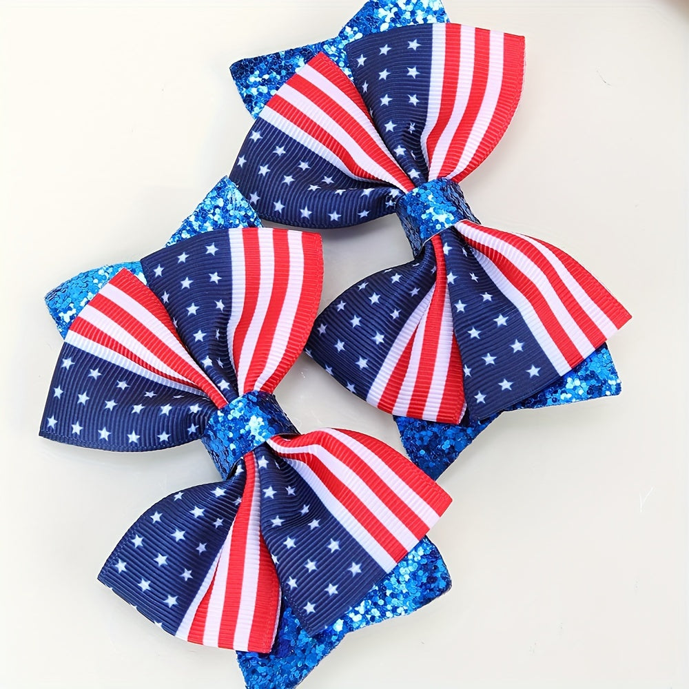 Patriotic Glitter Flag Hair Bow Clips - 2pcs Red White Blue Set
