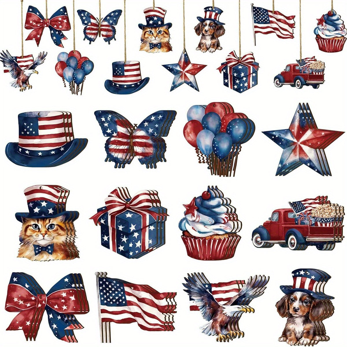 24pcs Patriotic Wooden Hanging Ornaments - Red White Blue USA Decor