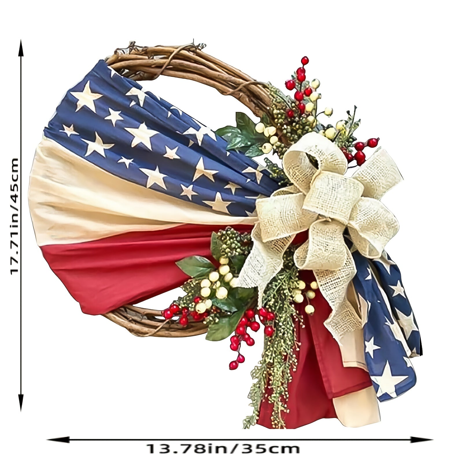 Patriotic Door Wreath - Red White Blue Flag Burlap Bow Greenery Stars