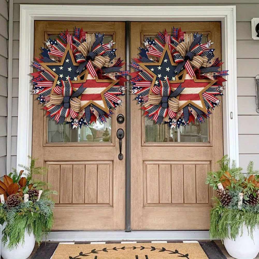 Patriotic Handcrafted Front Door Wreath - Red White Blue 17.7 Inch