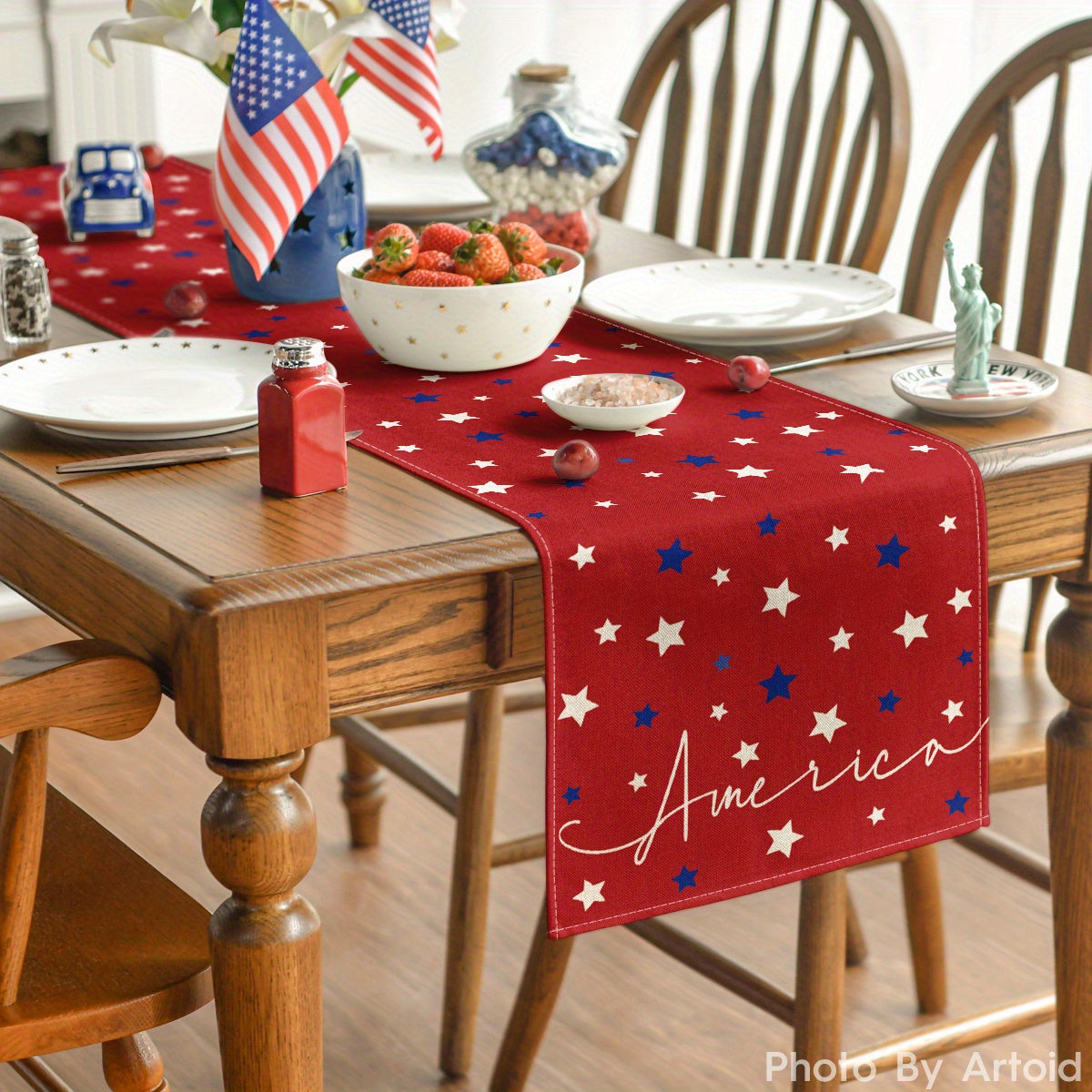 Patriotic Red Stars Table Runner - Multiple Sizes Indoor Outdoor
