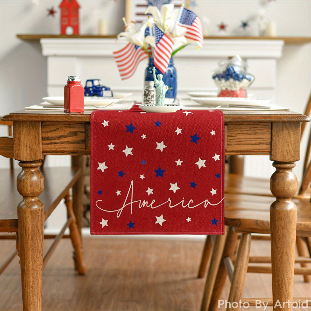 Patriotic Red Stars Table Runner - Multiple Sizes Indoor Outdoor