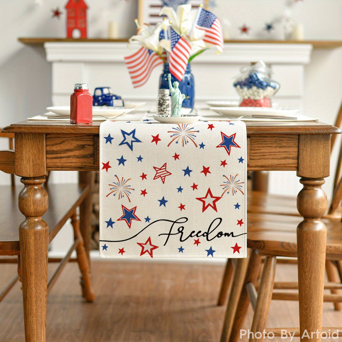 Patriotic Freedom Stars Table Runner 13x72 Inch - Indoor Outdoor