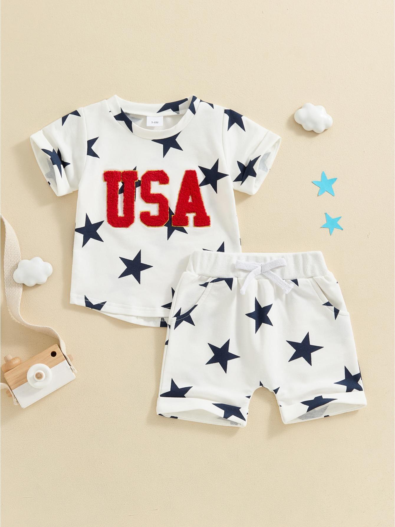 Baby Boys Embroidery Letter Tee & Stars Print Shorts Summer Set
