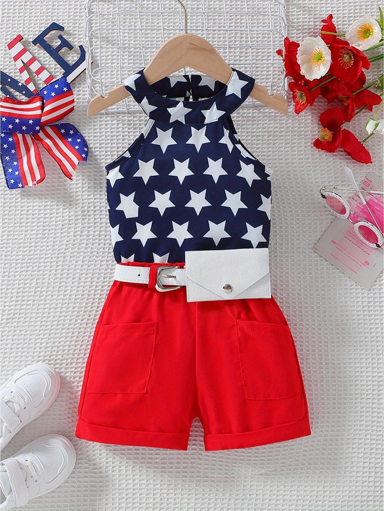 Patriotic Baby Girl Tank & Shorts - Star Print Red White Blue