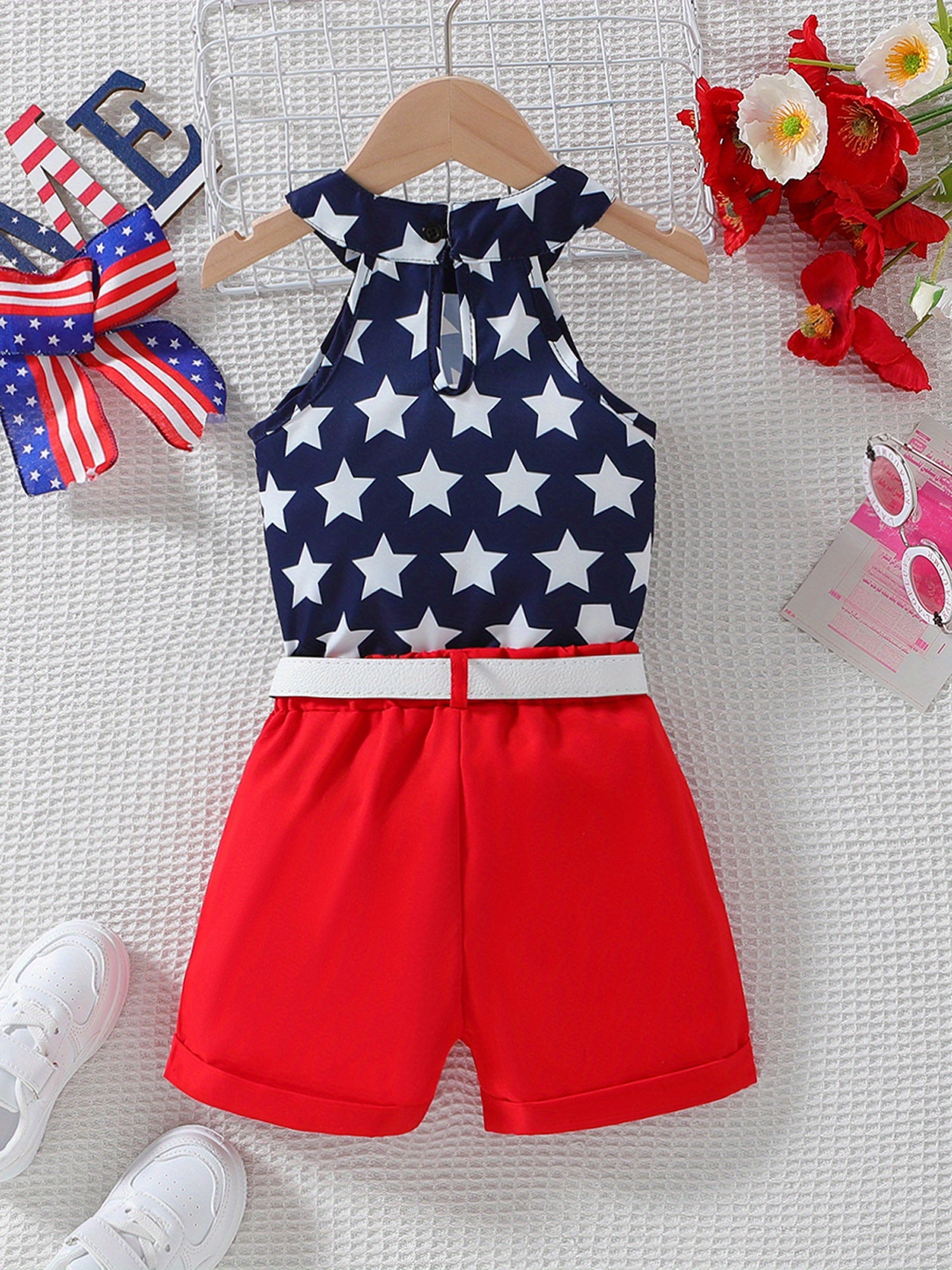 Patriotic Baby Girl Tank & Shorts - Star Print Red White Blue