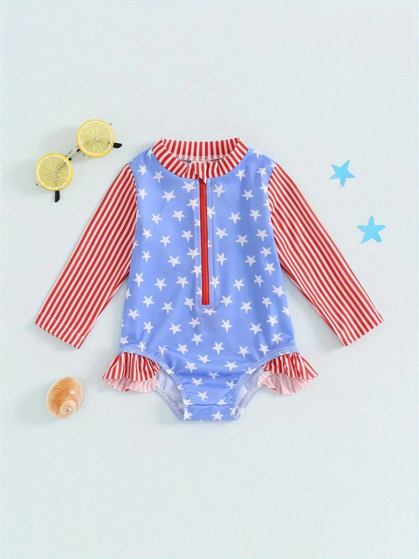 Baby Girl Star Print Long Sleeve Zipper Rash Guard Swimsuit