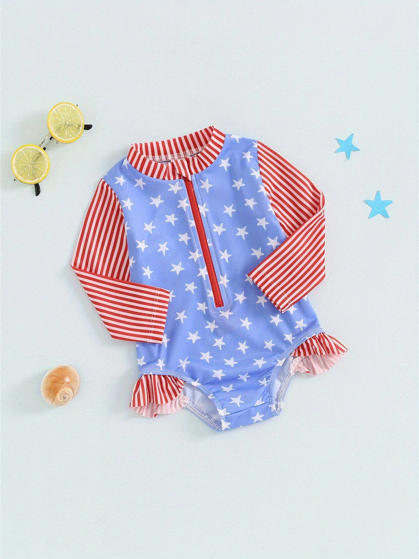 Baby Girl Star Print Long Sleeve Zipper Rash Guard Swimsuit