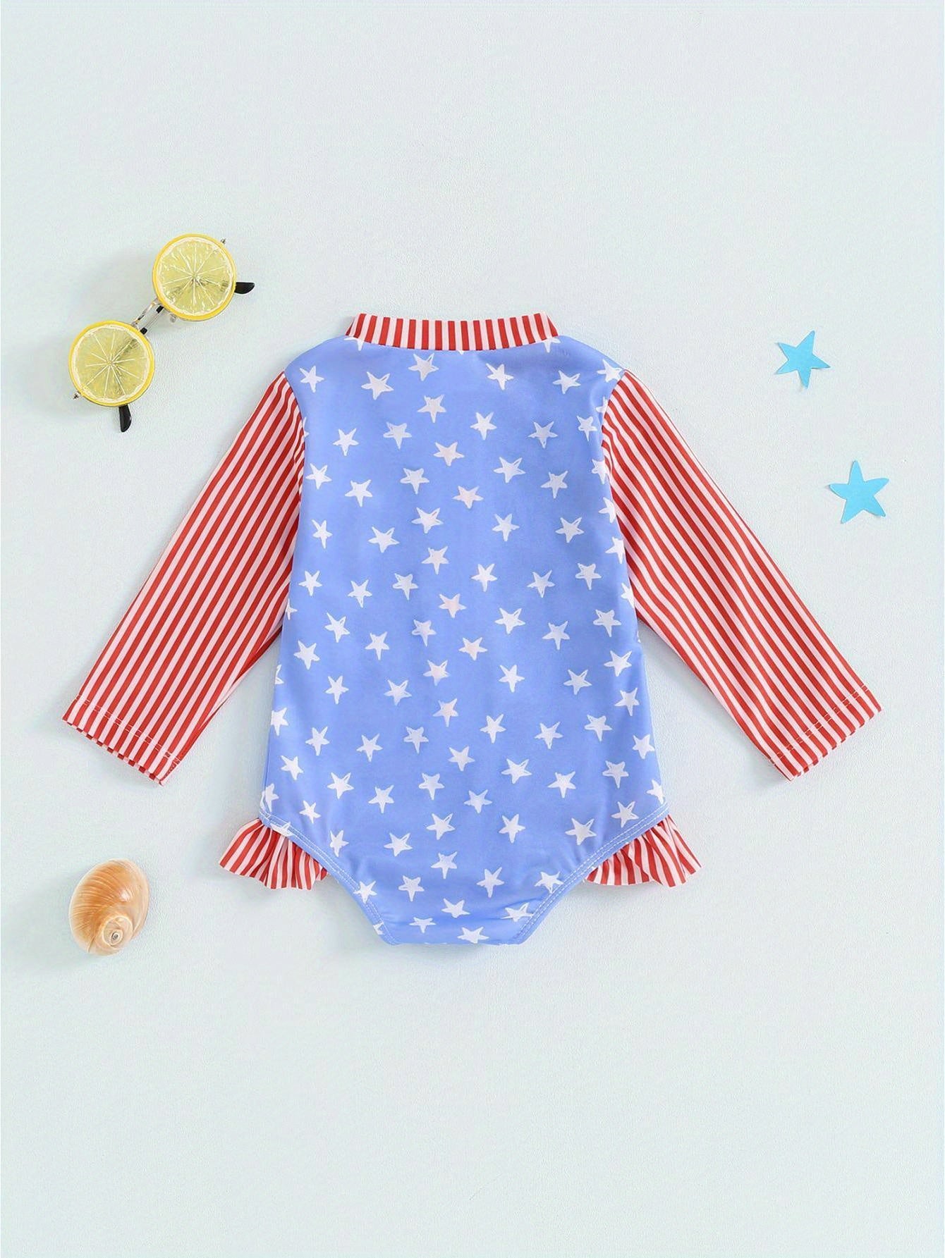 Baby Girl Star Print Long Sleeve Zipper Rash Guard Swimsuit