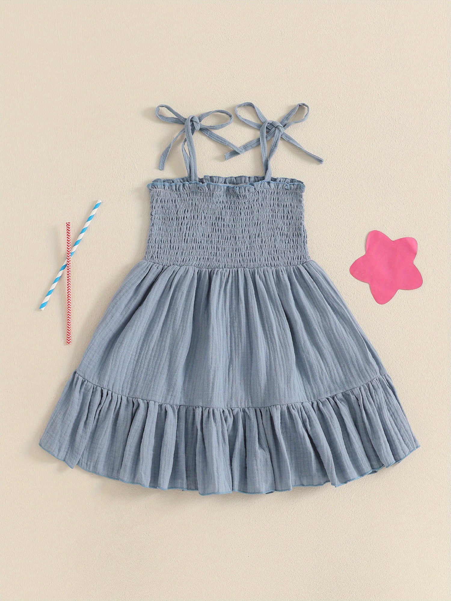 Girls Smocked A-Line Dress - Tie Shoulder Letter Embroidery