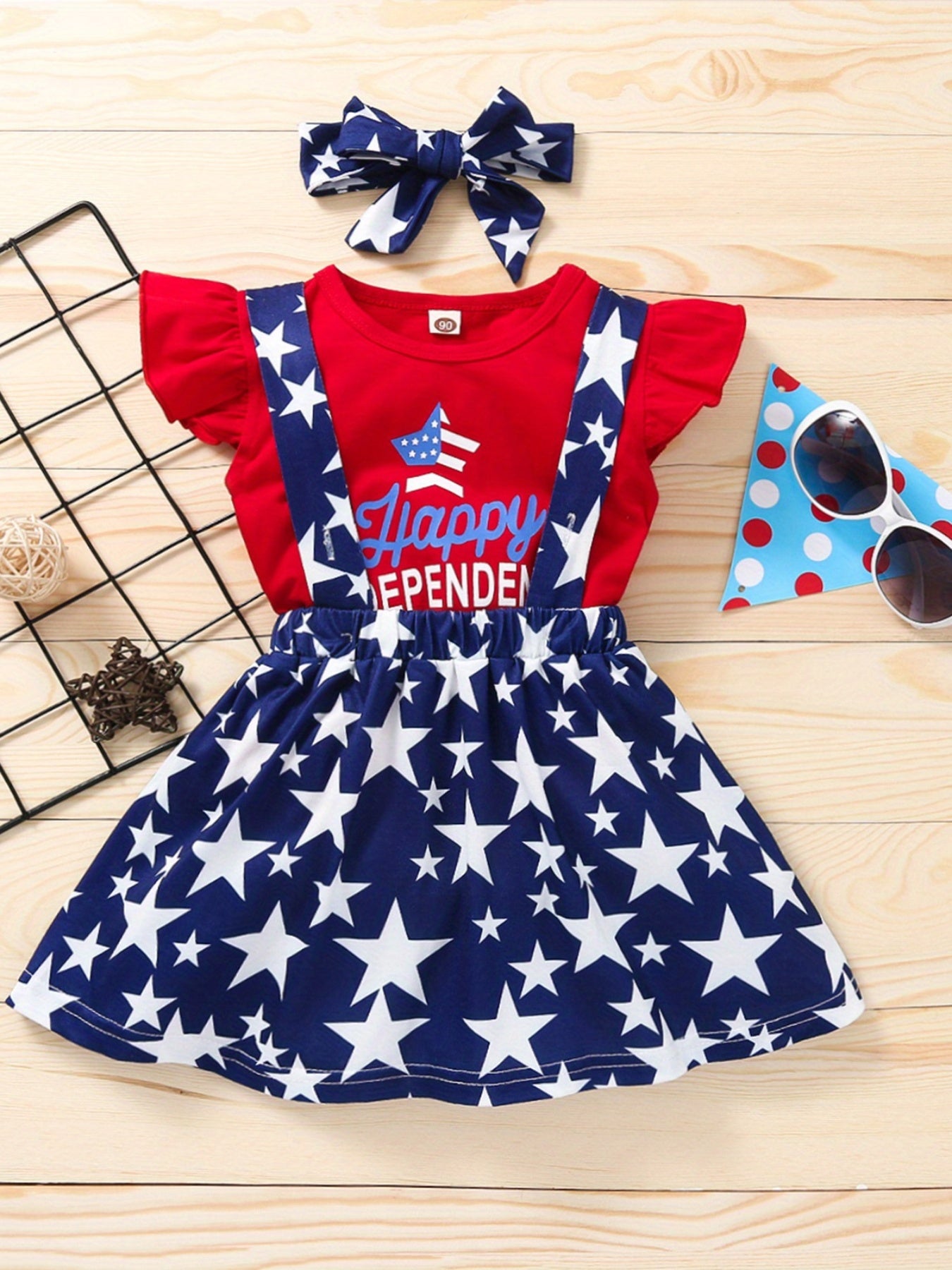 Girls 3pcs Letter Fly Sleeve Tee Stars Suspender Skirt & Headband Set