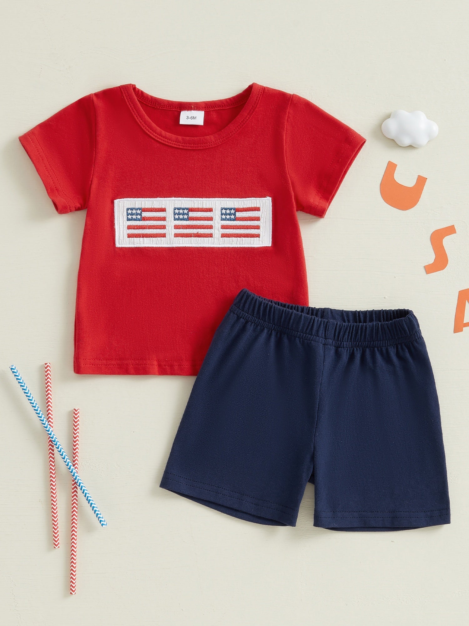 Toddler American Flag Embroidery Tee & Shorts 2pcs Summer Set