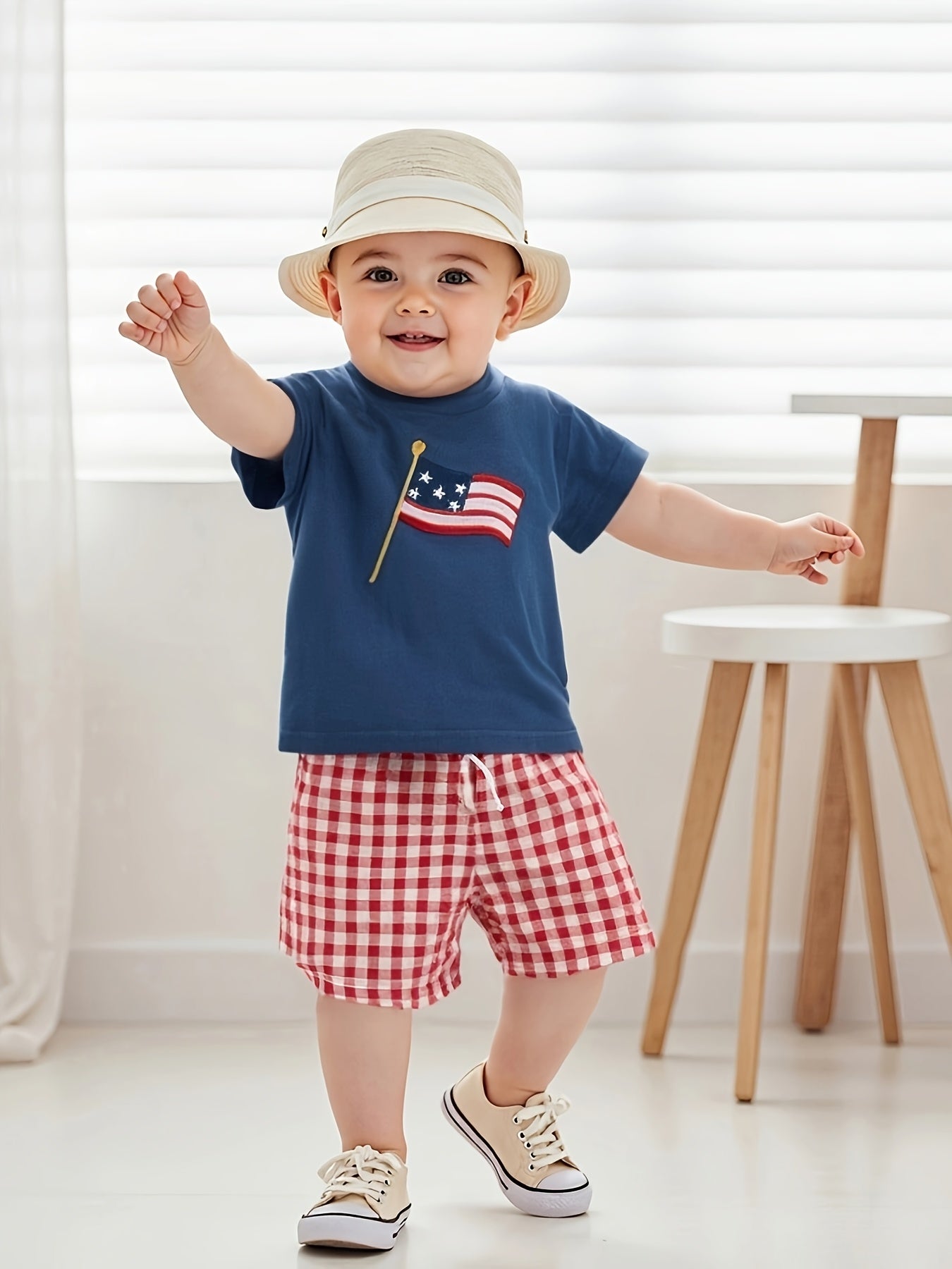 Baby 4th of July Outfit American Flag Short Sleeve Tops Plaid Shorts, for Outdoor