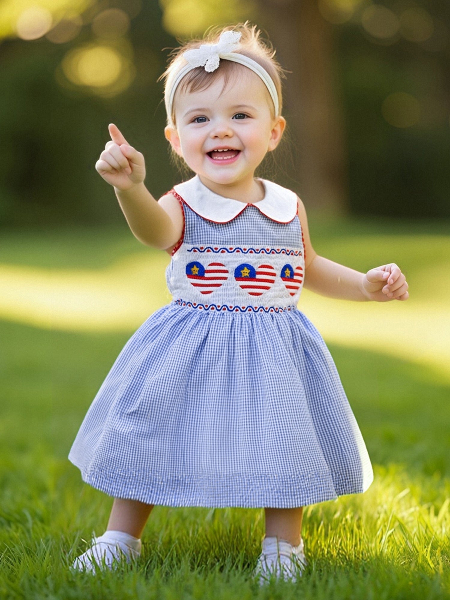 Girls Patriotic Dress - Red Plaid Heart Embroidery 57c 
Girls