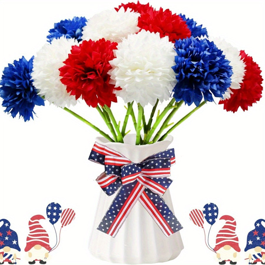 12pcs Patriotic Artificial Ball Chrysanthemum Bouquet - Red White Blue