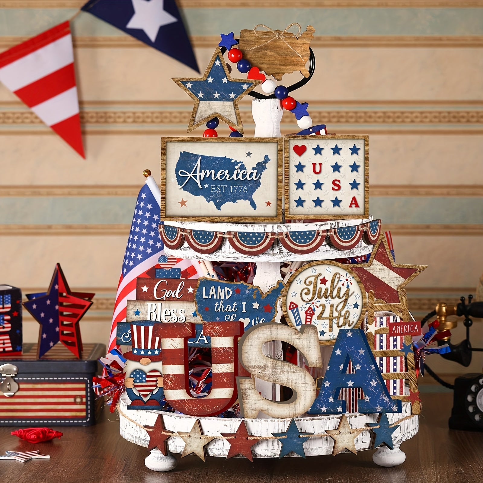 4th July Table Centerpiece - Red White Blue Star Wooden Sign