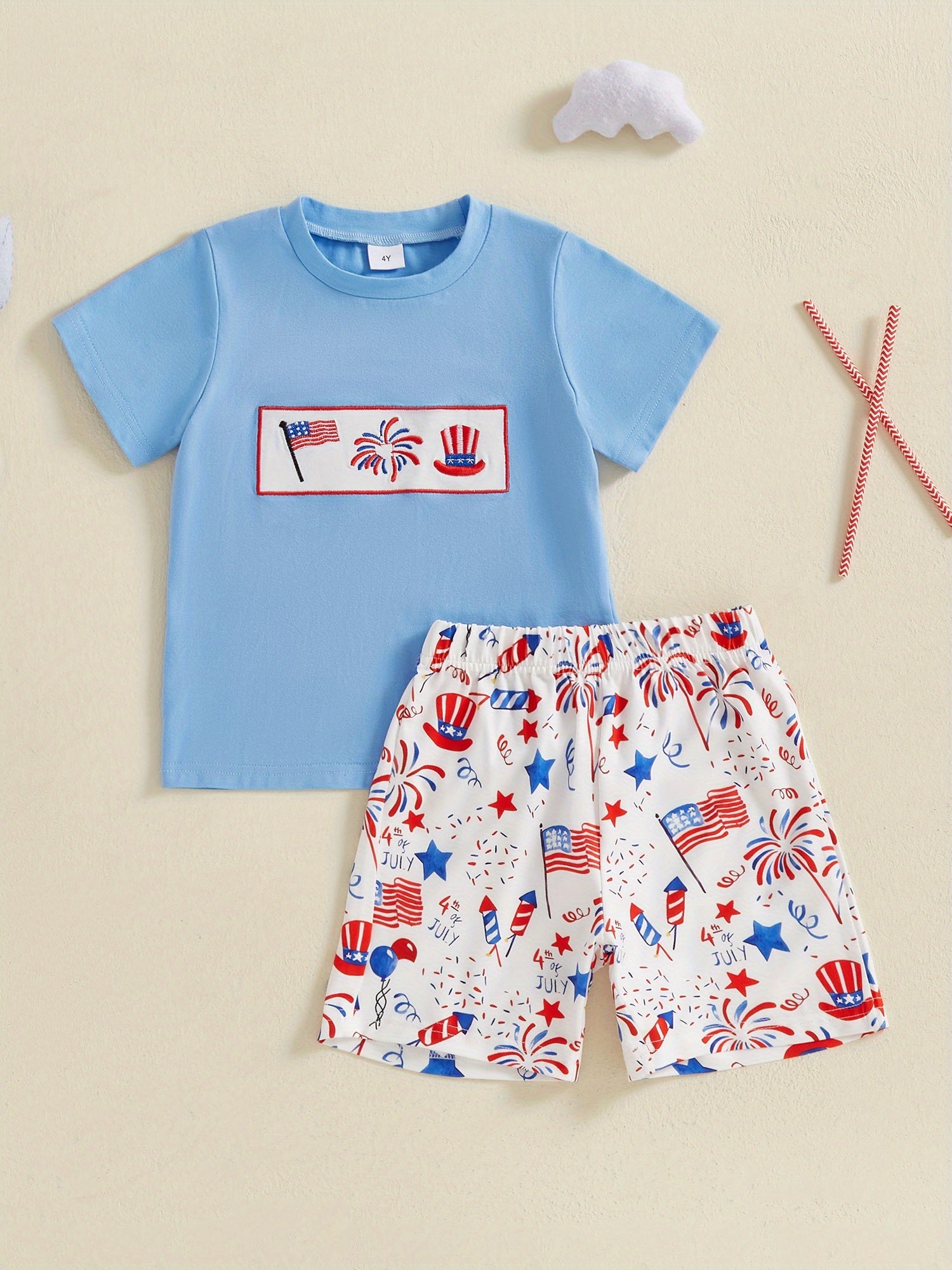 Boys American Flag Firework Print Tee & Shorts 2pcs Summer Set