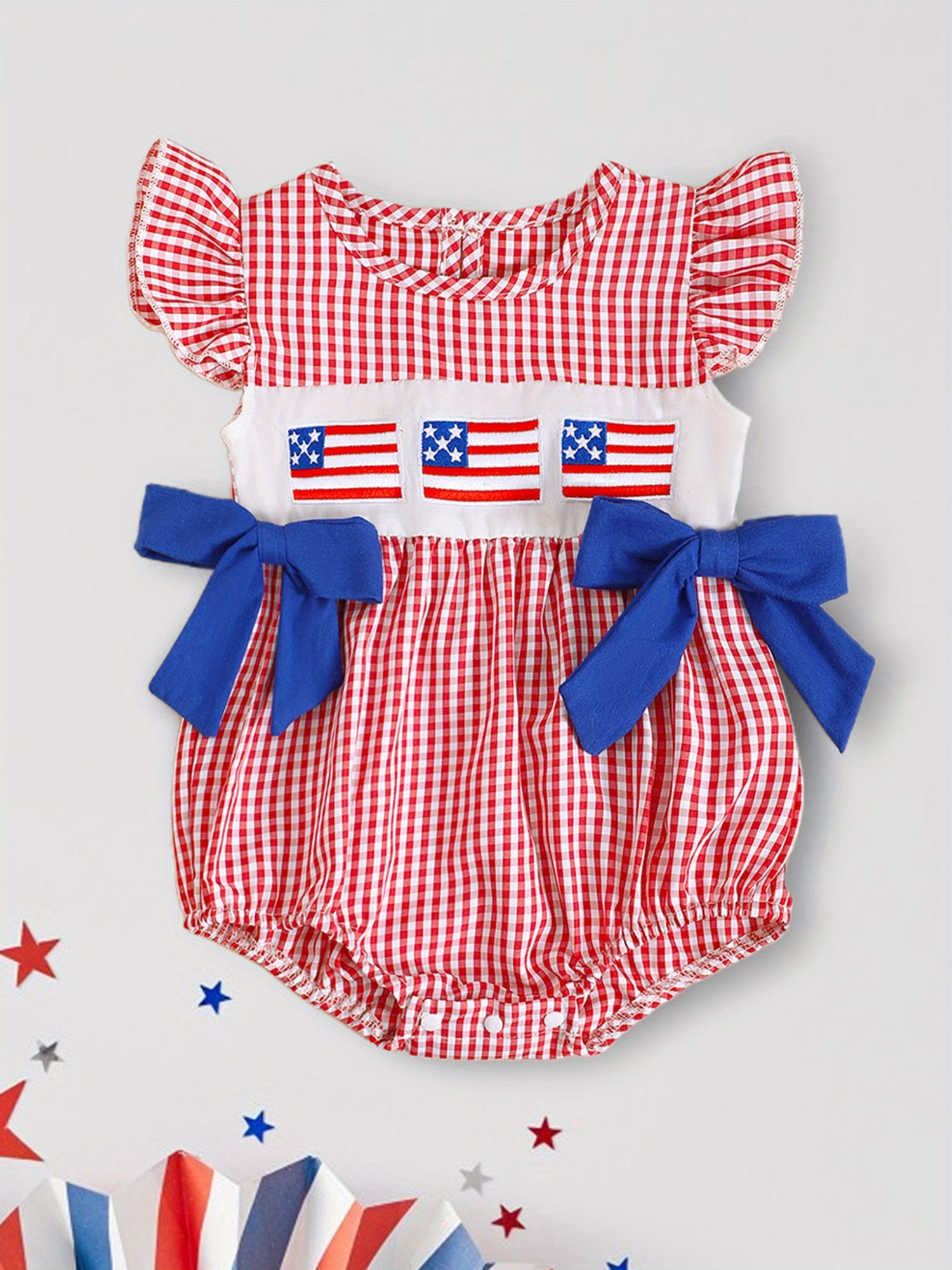 Patriotic Baby Romper - Plaid Ruffles Red White Blue