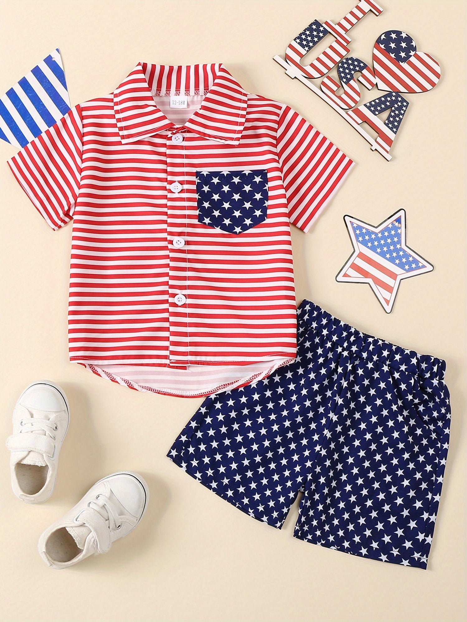 Toddler Boy Star Print Tops & Striped Shorts 2pcs Summer Set