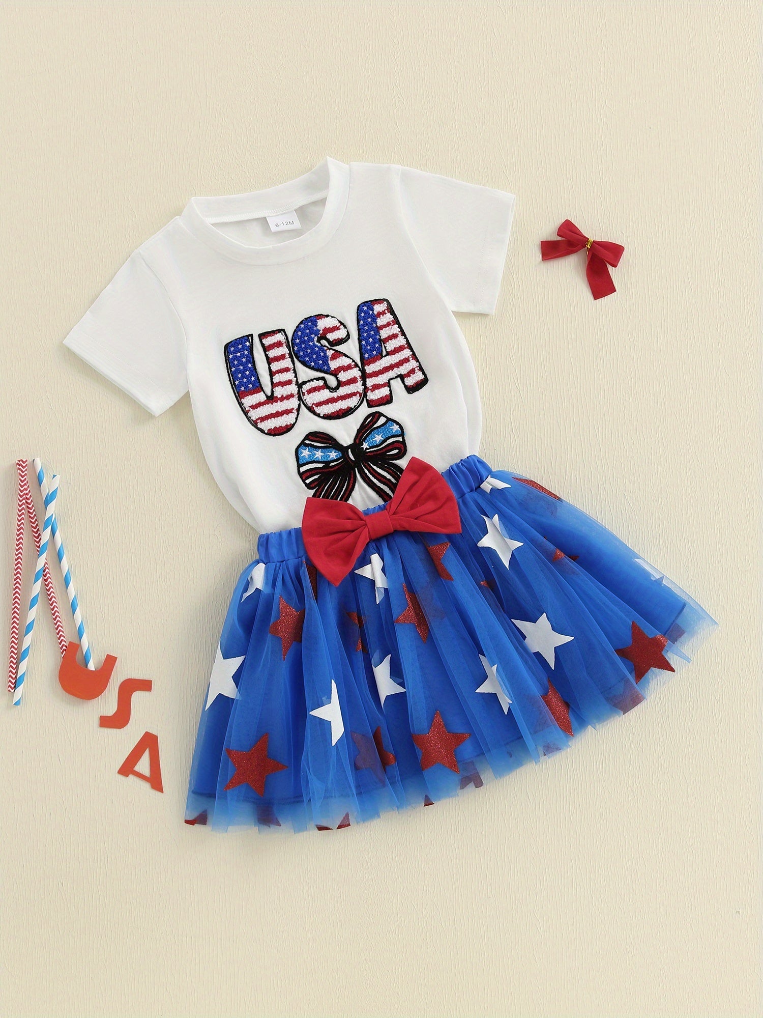 Toddler Girl Patriotic Tee - Embroidery Bow Summer Set