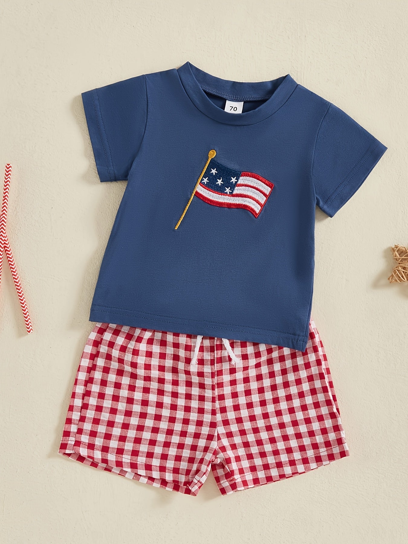 Kids American Flag Top & Tartan Plaid Shorts Outdoor Summer Set