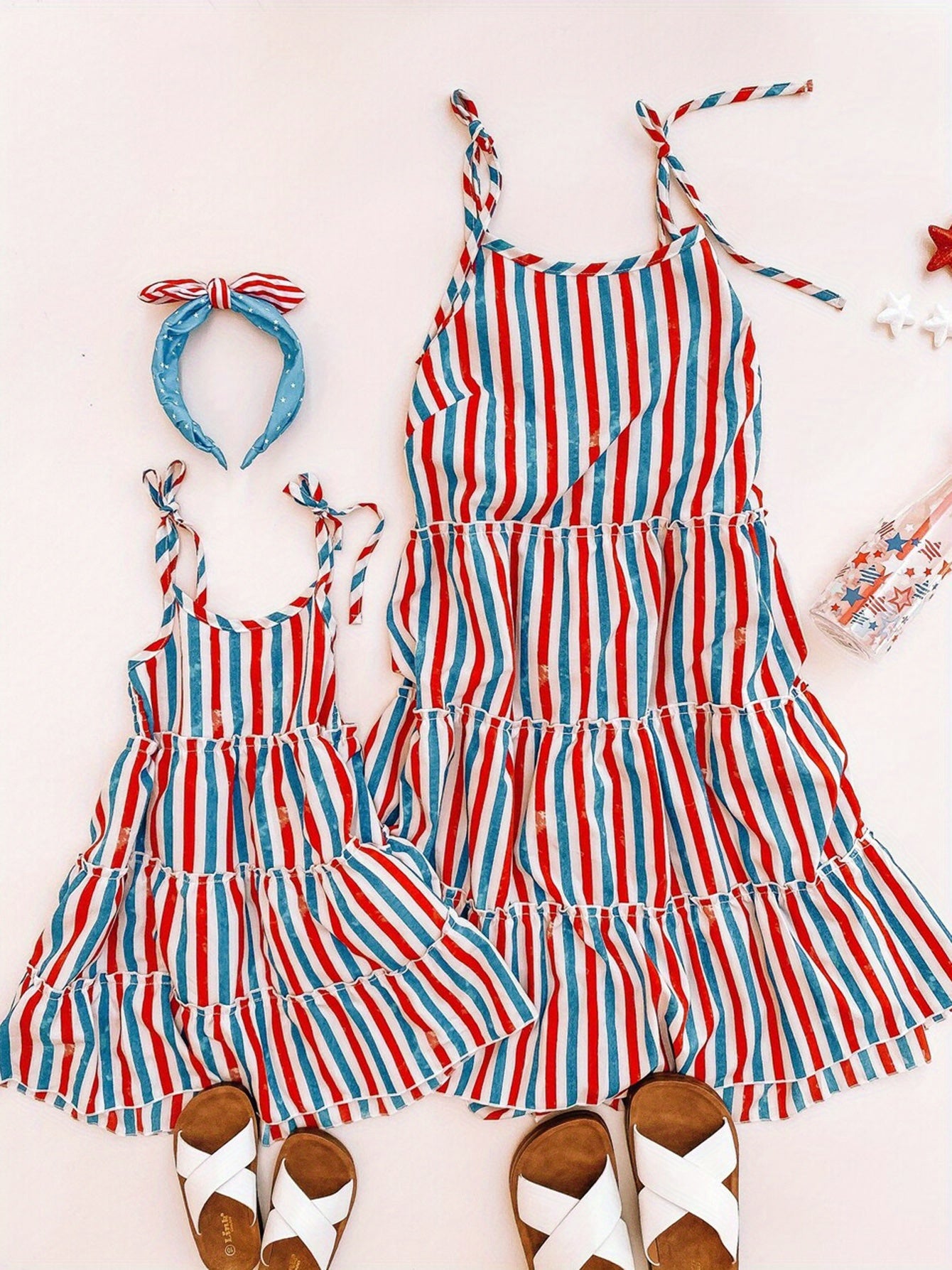 Girls Patriotic Striped Cami Dress - Sleeveless Ruffled Hem Midi