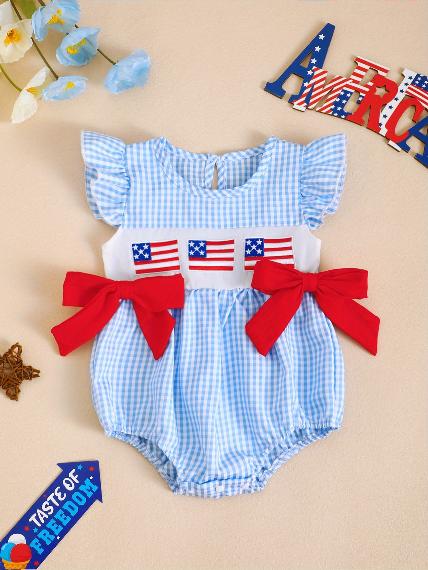 Patriotic Baby Romper - Plaid Ruffles Red White Blue