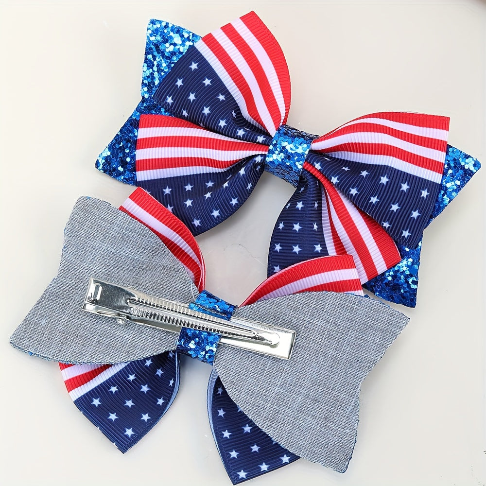 Patriotic Glitter Flag Hair Bow Clips - 2pcs Red White Blue Set