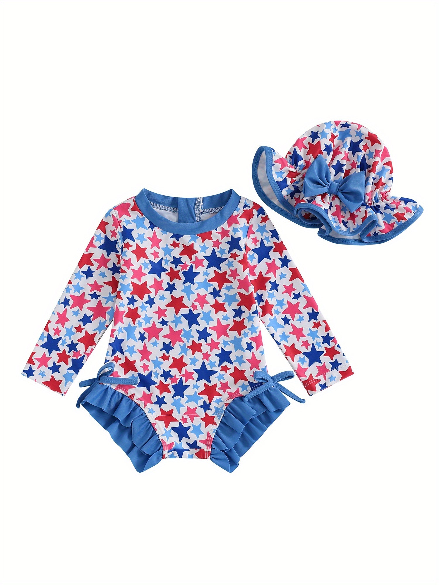 Toddler Girls All-Over Print Ruffled Rash Guard & Hat Swimsuit Set