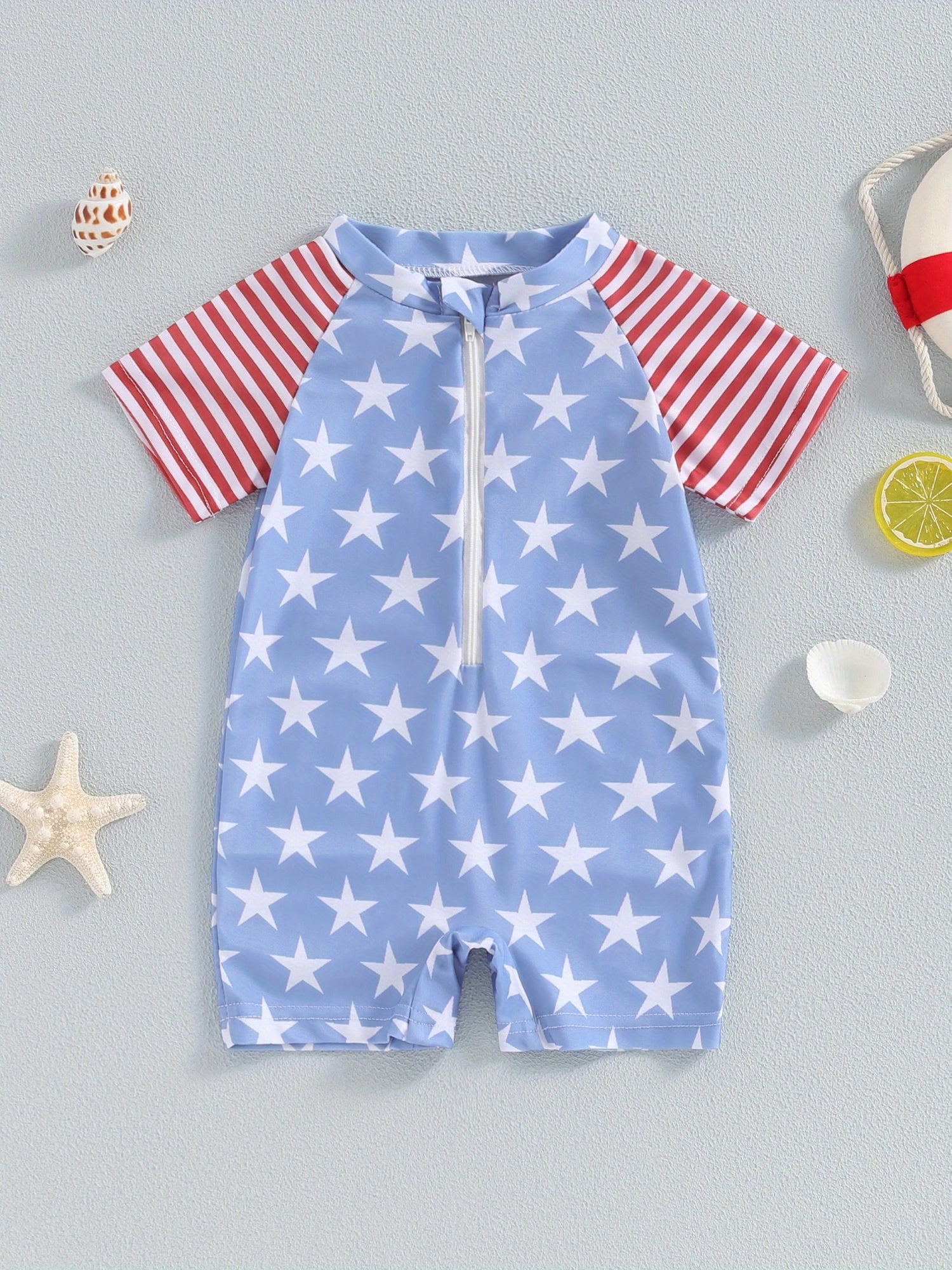 Boys Star & Stripe Zipper Rash Guard Swimsuit - Short Sleeve