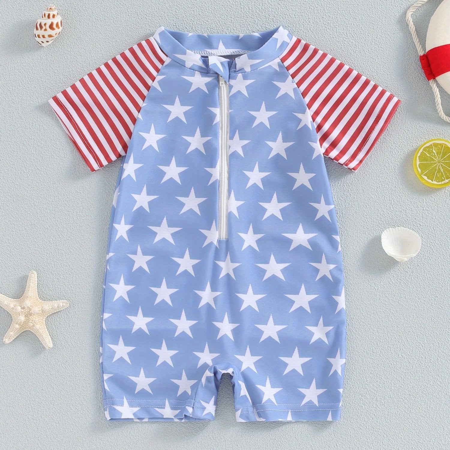 Boys Star & Stripe Zipper Rash Guard Swimsuit - Short Sleeve
