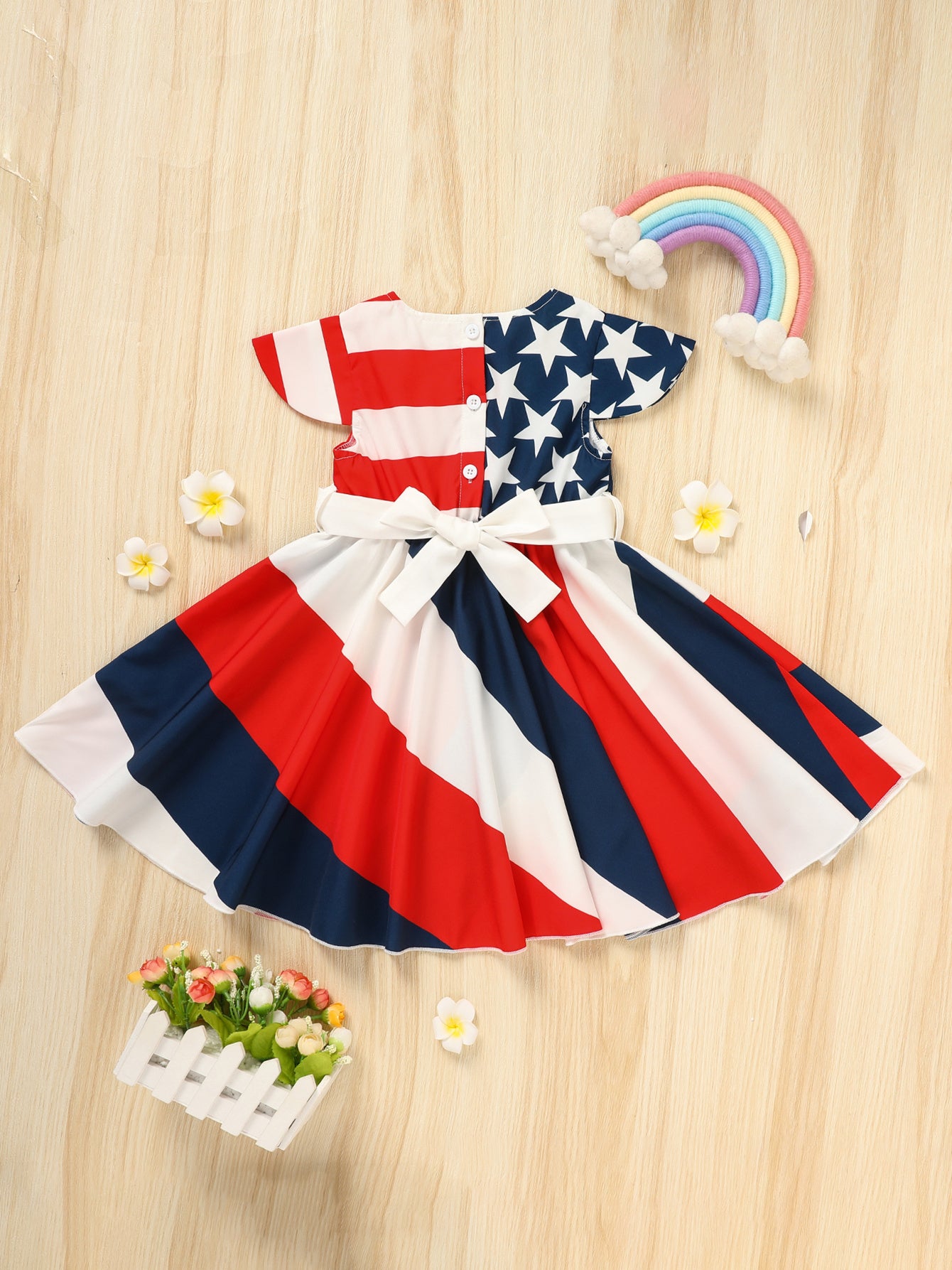Girls Patriotic Twirl Dress - Red White Blue Stripe Star Flutter Sleeve