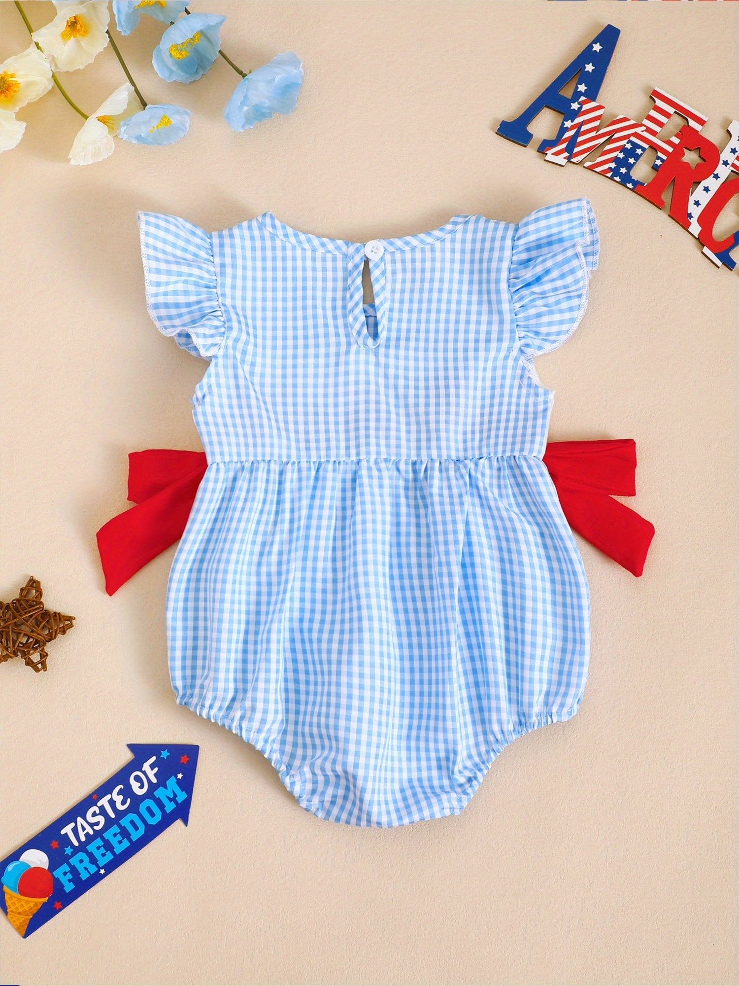 Patriotic Baby Romper - Plaid Ruffles Red White Blue