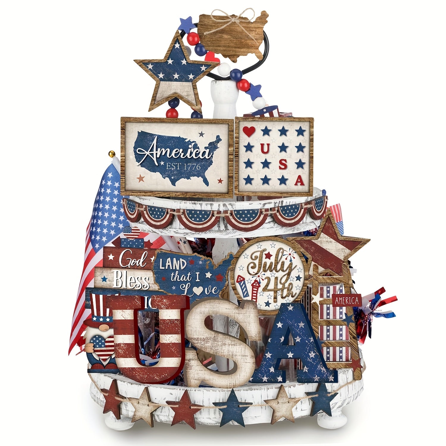 4th July Table Centerpiece - Red White Blue Star Wooden Sign