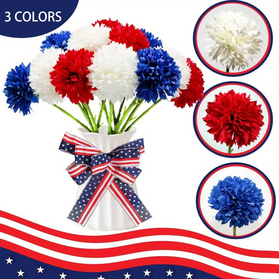 12pcs Patriotic Artificial Ball Chrysanthemum Bouquet - Red White Blue