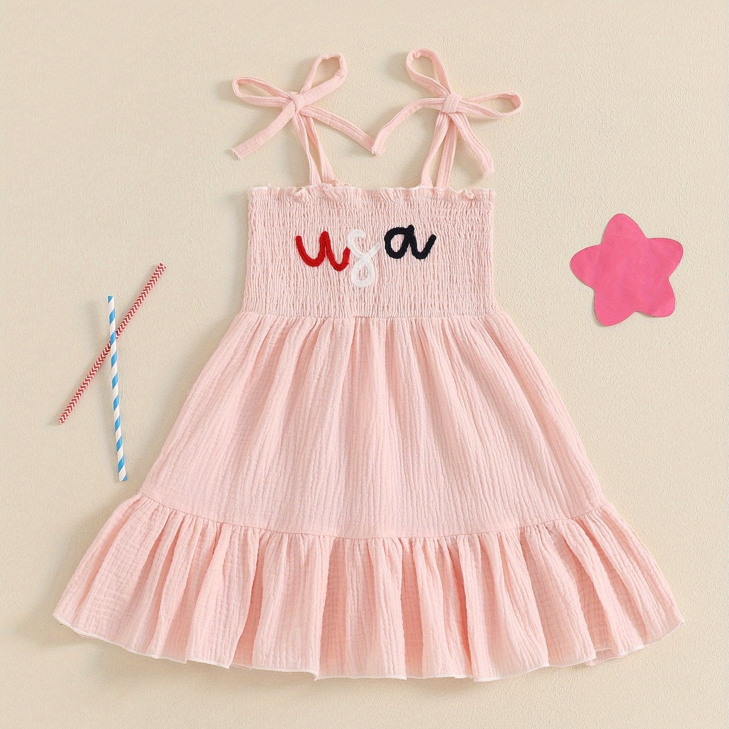 Girls Smocked A-Line Dress - Tie Shoulder Letter Embroidery
