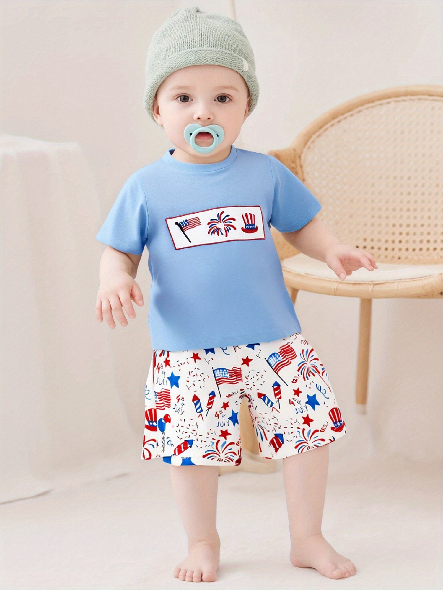 Boys American Flag Firework Print Tee & Shorts 2pcs Summer Set