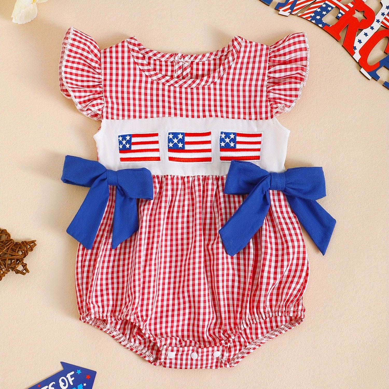 Patriotic Baby Romper - Plaid Ruffles Red White Blue