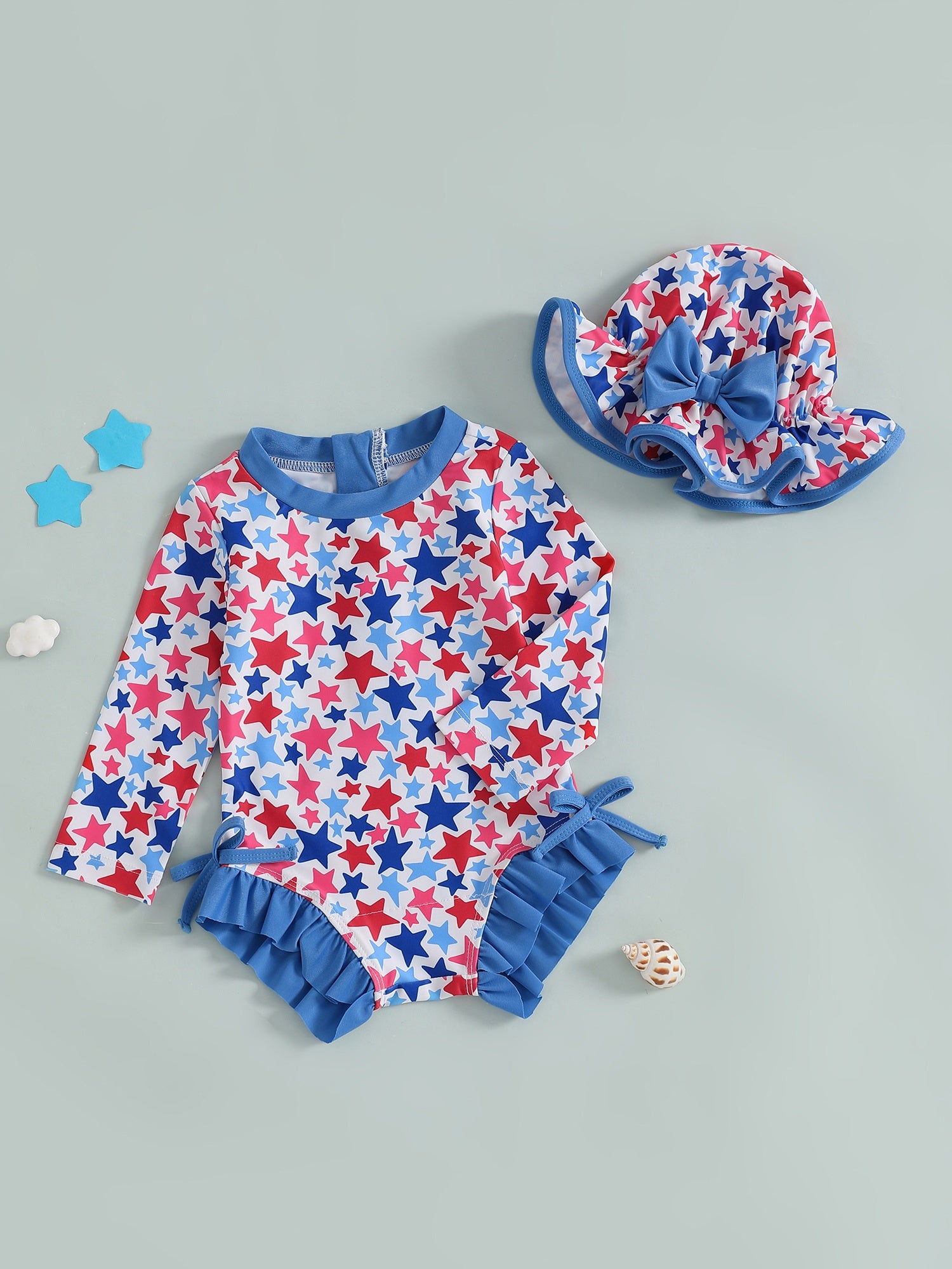 Toddler Girls Ruffled Rash Guard & Hat 2pcs Swimsuit Set - Full Print